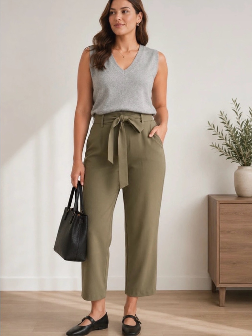 Quince Olive Tie-Waist Cropped Pants